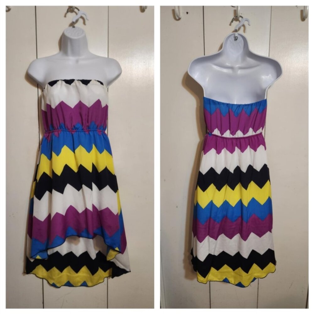Small Tyche Multi-Color Chevron Hi-Low Strapless Boho Hippie Summer Beach Dress